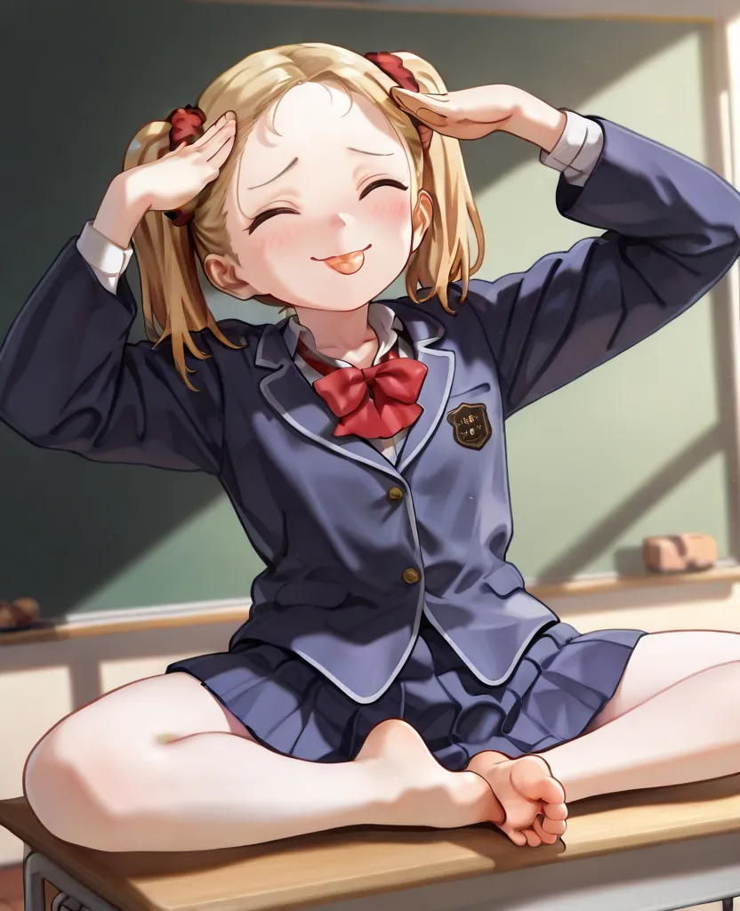 1girl, (loli:1.1), sashachan , "ah eto bleh" pose , sitting on desk, classroom background, solo, short twintails, blonde hair, closed eyes, closed mouth, tongue tip sticking out, bow, frills, school uniform, t-shirt, miniskirt, hair scrunchie, wide sleeves...