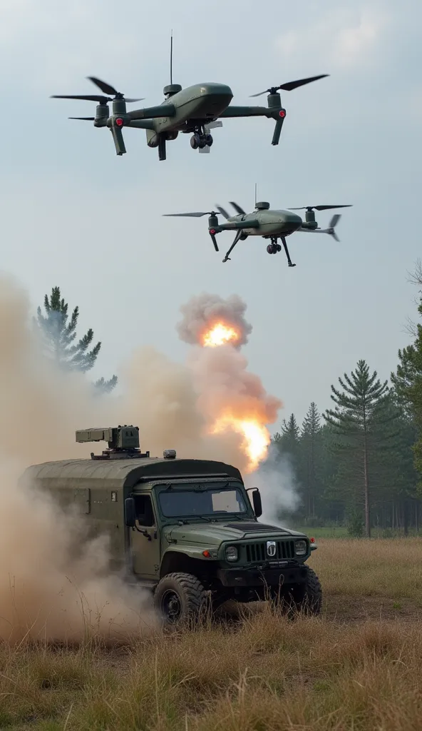 "Ukrainian drones launching precision strikes on enemy supply vehicles, realistic military art."
