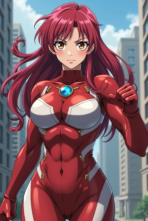 My Hero Academia Style , Anime girl, female, young female,muscular female,Full Body Shot,(fighting Pose:2),Long hair, Red Hair,  Brown Eyes,Hero Suit, Full Body Suit, red suit with white details,small round blue jewel in the center of the chest, perfect an...