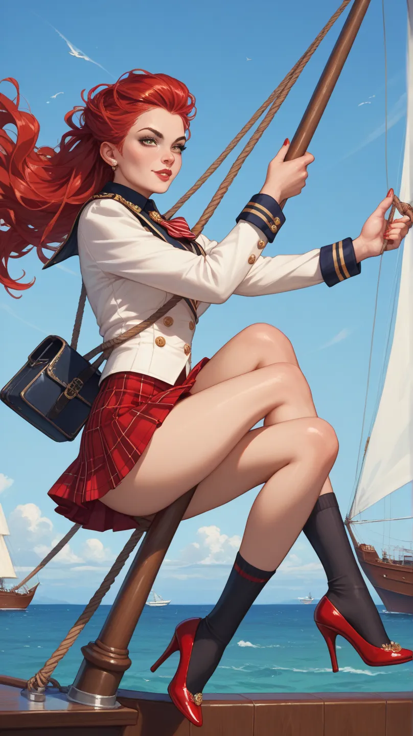 Scottish woman  ,dressed in a yellow tartan base with thinner black and red stripes, long red hair , pretty legs, short kilt,heels, black socks, on a sailing ship, tied hand and foot to the mainmast, surrounded by aggressive English redcoats