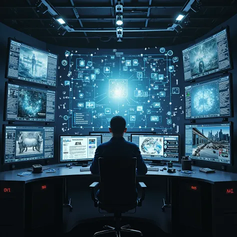 "Create a hyper-realistic HD image depicting counter-violence extremism efforts against fake news, AI-driven misinformation, and propaganda. Show a determined journalist, cybersecurity expert, and AI analyst working together in a high-tech control room fil...