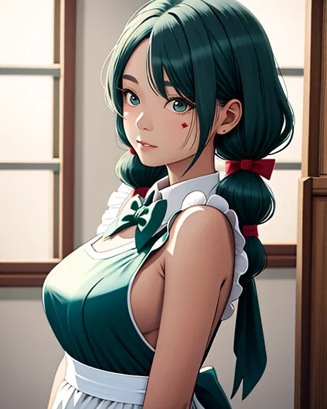 Young woman (ethnicity:east asian, age:1.1), wearing a light teal-blue maid costume (detailed clothing:1.2), (accessories:1.1) featuring a white apron with a bow, frilled hem, and teal-green pigtails, (detailed hair:1.3), (pose:1.2)  in three-quarter view,...