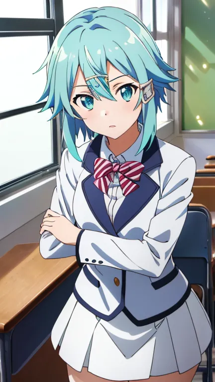 (top quality,  masterpiece, 8k:1.2),  super precise, high resolution, (anime:1.2), 1 girl, Alone, EpsOA Shinon ,  short hair, light blue hair,  Detailed Jewel Eye,  o, ( hair accessories:1.2), HAIR CLIP, side lock, ( white blazer,   White Tight Skirt  ,  i...