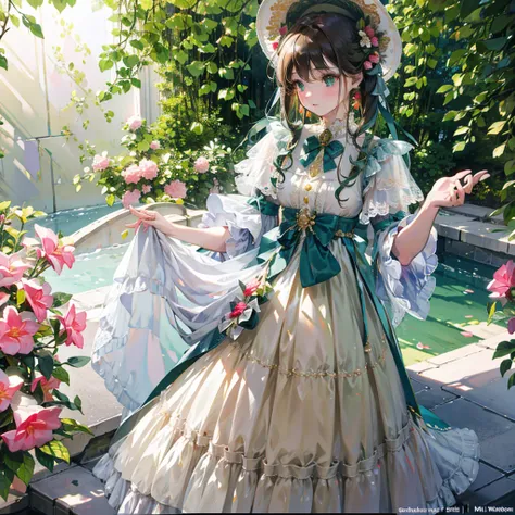 Alone, length_ sleeve,   dress, frilld, green_bow, frilld_ dress,  victorian 