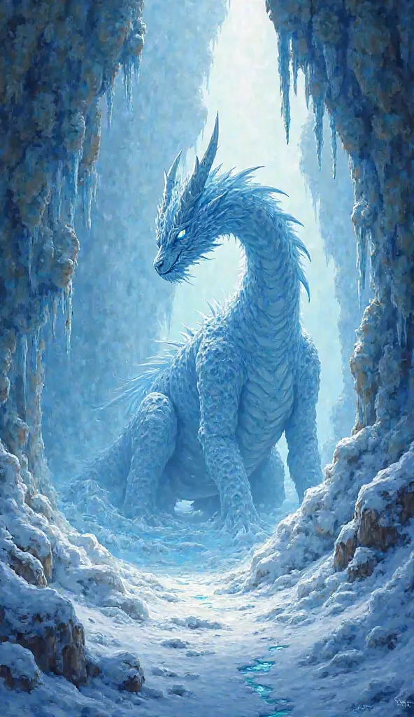  Here There is a detailed prompt to generate an image similar to :  

**Prompt:**  
"A majestic ice cave, illuminated by an ethereal glow, An imposing ice dragon with crystalline scales and pointed horns. The creature exudes an icy aura, with eyes shining ...