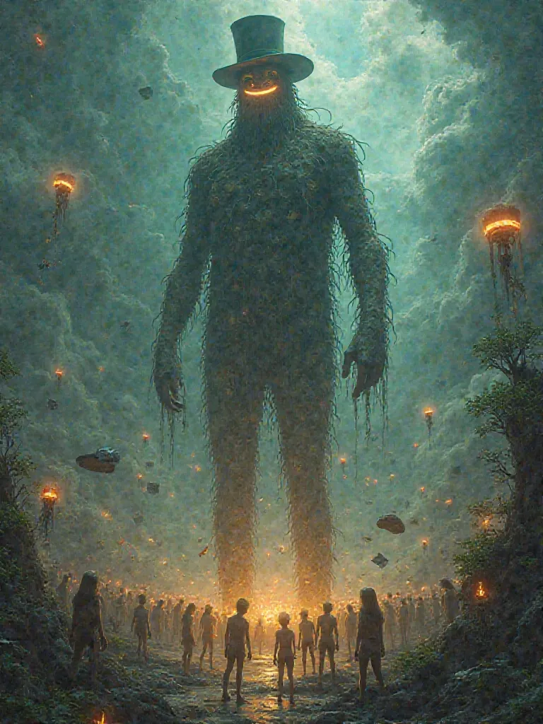 A Surreal Image Analysis , a towering, otherworldly creature with the head of a Fat Bastard Thailand  smileing  and a humanoid body. The creature wears a small, mystical top hat and stands in a dreamlike landscape. Around it, numerous tiny humanoid beings,...