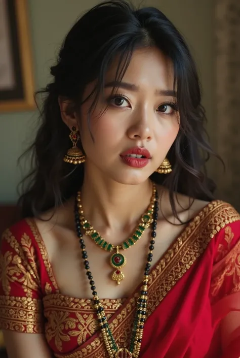 A naughty, voluptuous and curvaceous light neutral skin tone korean woman in completely sweaty hairs, in a traditional attire, wearing a deep red messed up elegant saree, no blouse piece and intricate jewelry glass green bangles and a red small bindi betwe...