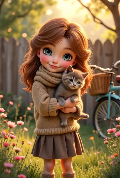 "A cheerful girl with warm, chestnut-brown hair cascading in loose waves and sparkling sapphire-blue eyes beams with an irresistibly cute charm. Her round, rosy-cheeked face radiates youthful joy as she gently cradles a fluffy brown kitten, its paws playfu...