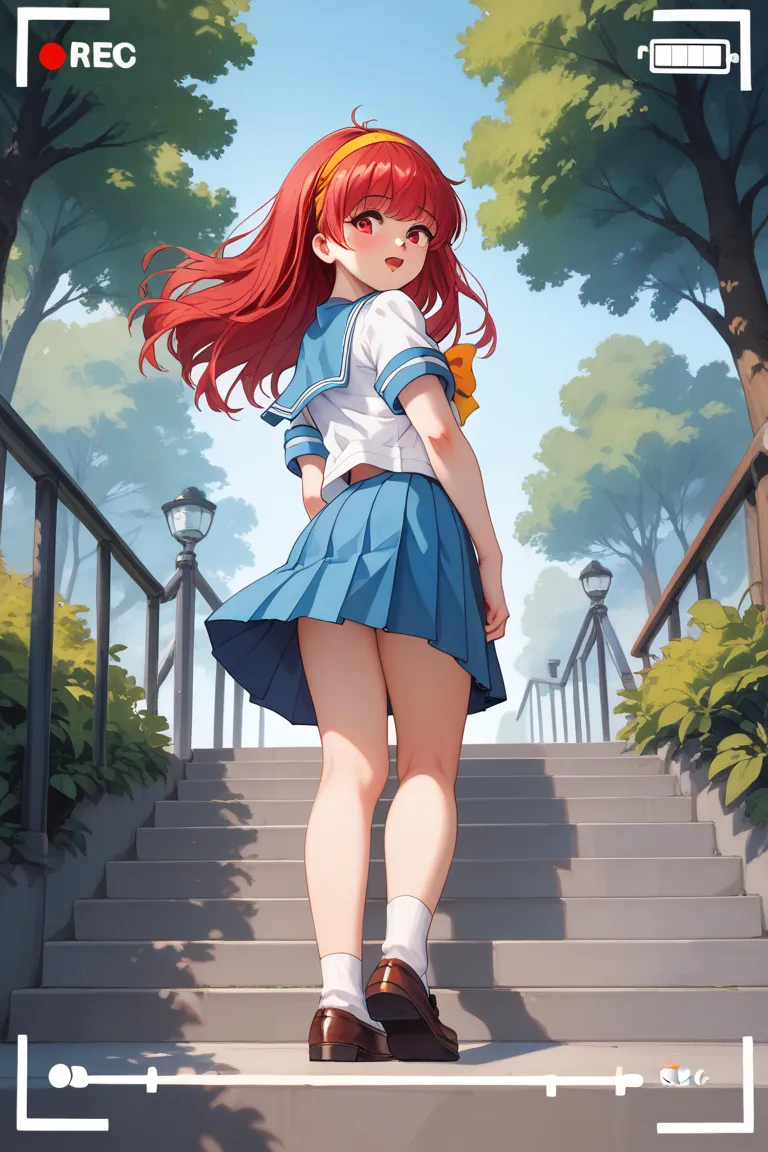 ShioriFujisaki,red hair,red eyes,long hair,hair band,yellow hairband,white serafuku,1gail,school uniform,blue sailor collar,blue pleated skirt,yellow bow,shoes,socks,recording,viewfinder,Forest Park,Short sleeve,bangs,blush,eyebrows visible through hair,lo...