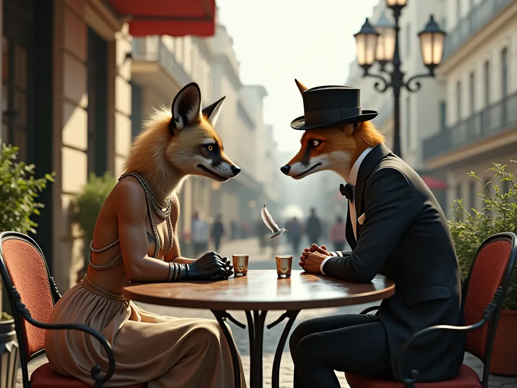 Hyena dressed as a woman sitting on the terrace of a café facing a fox dressed as a man hyperrealistic style