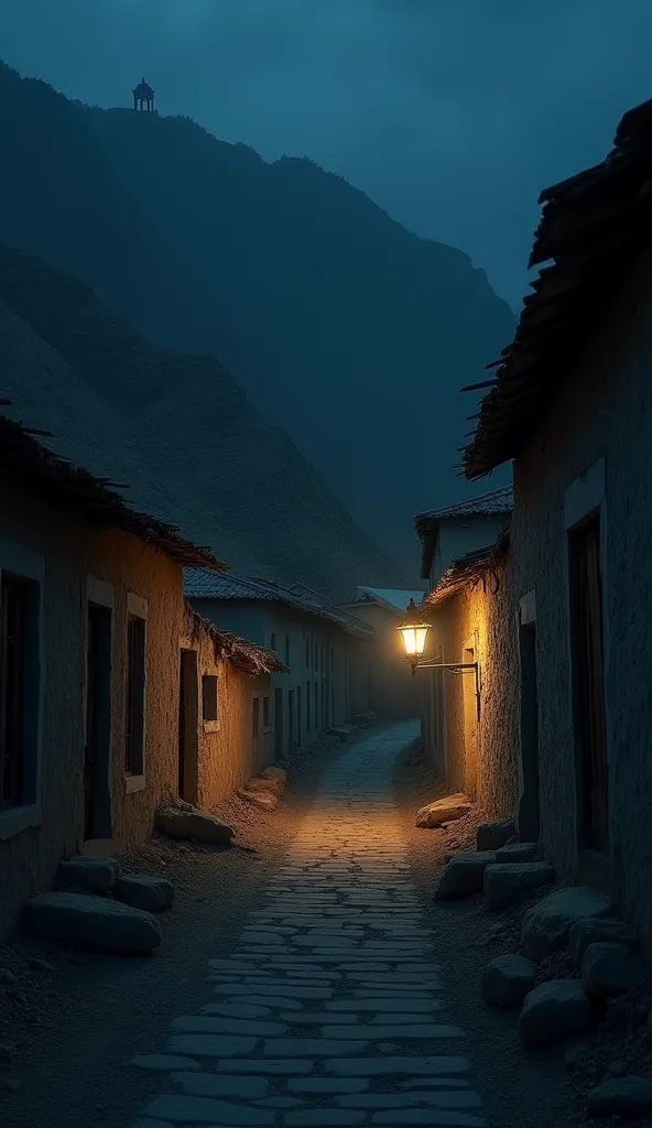 Take a picture of an old, almost ruined village in Balochistan at night, with a long street lined with only one oil lamp, and with its dim light, only a small part of the surroundings is illuminated.