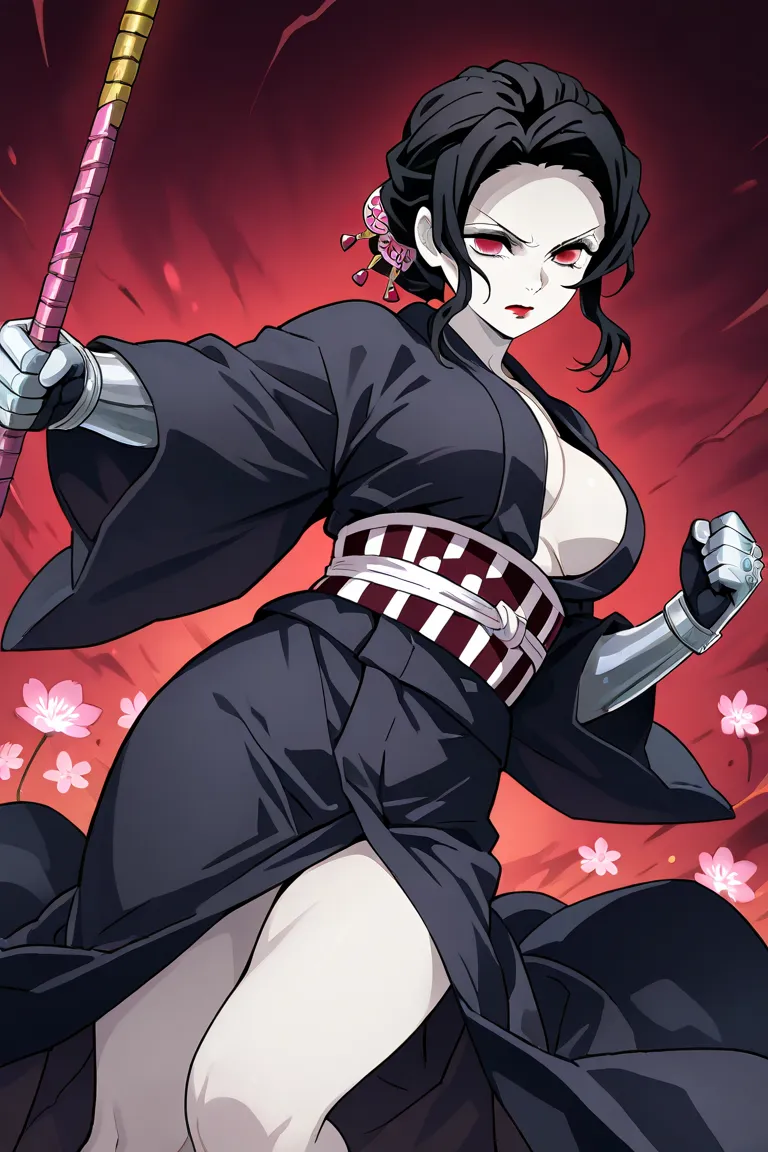 Muzan Kibutsuji (Kimetsu No Yaiba), Female version, 1girl, mature, pale skin, black hair, hair ornament, red eyes, breasts, Serious, red lips, black Yukata, flower yukata, legs revealed, iron gloves, holding a staff, long staff, Fighting pose