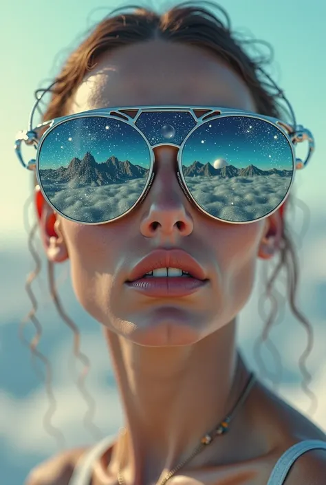 The model is wearing glass sunglasses with stars and the moon on the glass