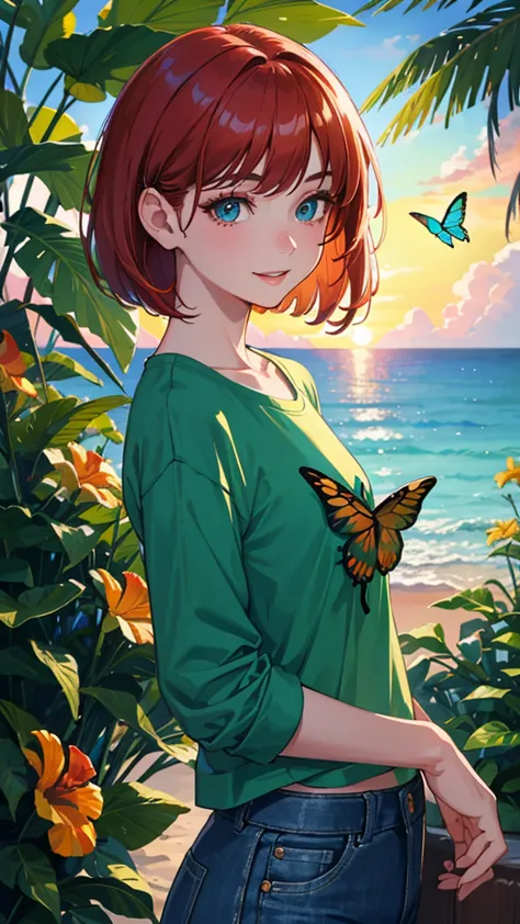 anime style。A fearless young man with sharp eyesight like an anime woman with red hair in a short bob and green t-shirt and jeans。Tropical Beach。Tropical Flowers々。 Lots of Butterflies 。