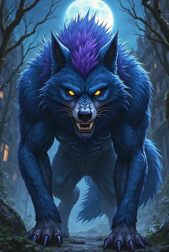 A humanized blue-haired werewolf with a purple tuft in Demons Slayer 