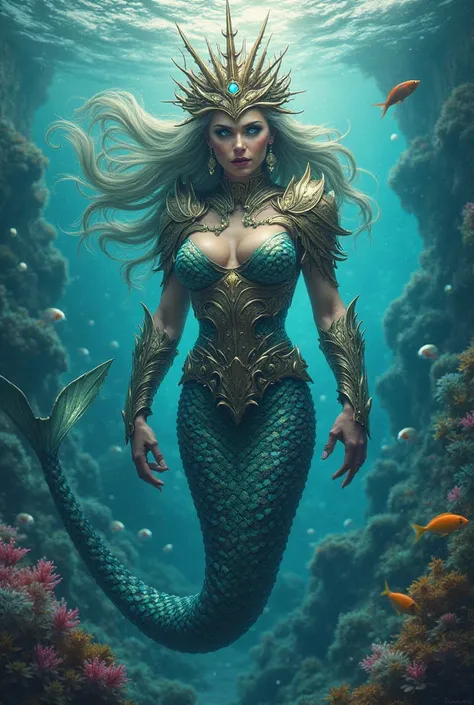 Please create a huge colorful mermaid with claws, and an armor with a masculine face