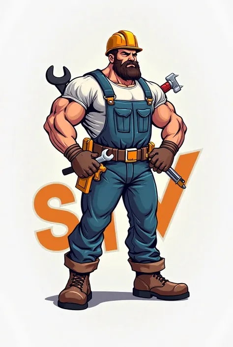 Create a logo for my company that is represented by a man with tools and his letters are STV