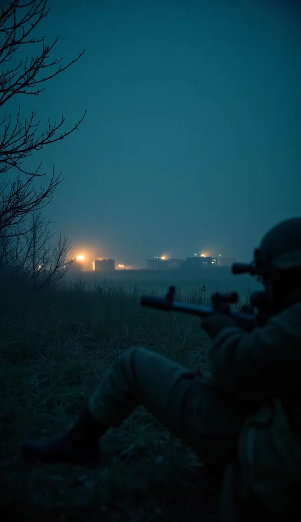 "Nighttime battlefield in Nikolska, Ukrainian snipers and soldiers monitoring Russian movements, cinematic war lighting."
