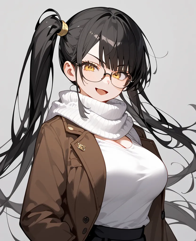 Anime,2D, alone,girl, black hair, horse hair , long hair,ปลาย black hair, golden eyes,ปลาย black hair,cute, complete,big breasts,Emotionless,wearing glasses,,big breasts,,cute,Black suit, Brown Jacket, student,,เด็กstudent,, Slim ,Tall,Fierce face,Gray Bac...