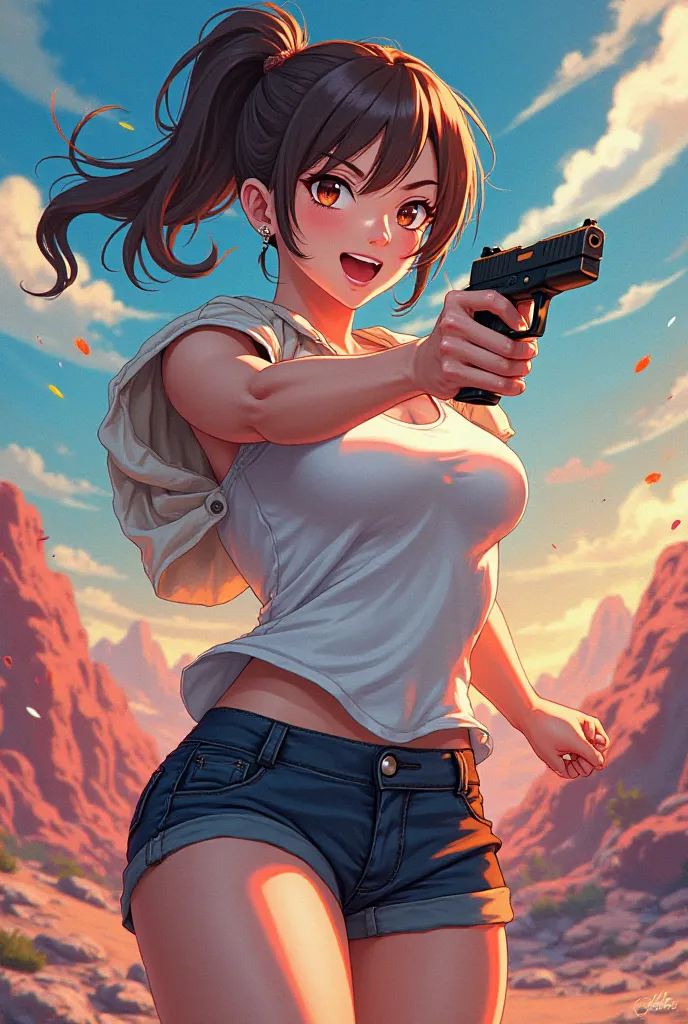 Woman holding a gun and looking happy　 anime style