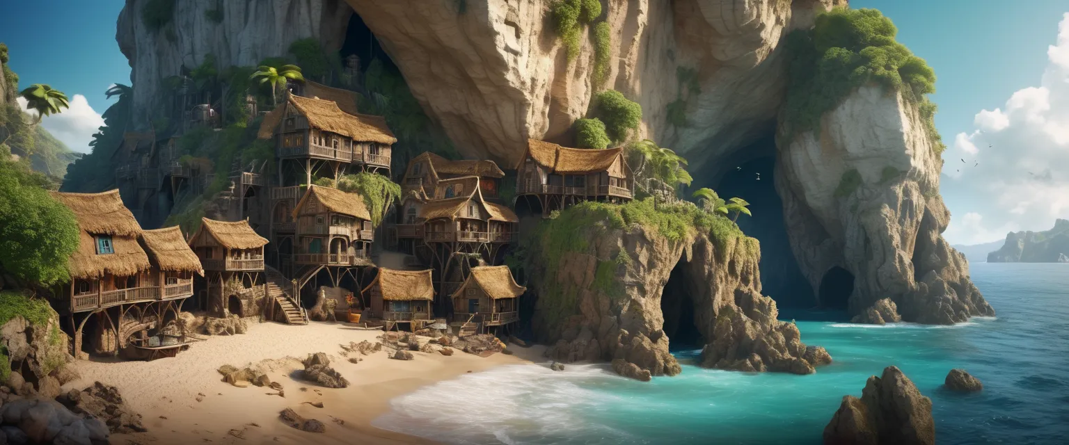 masterpiece, 8k, best quality, highly detailed, a landscape photo of a hidden pirate village underneath a cliff face 