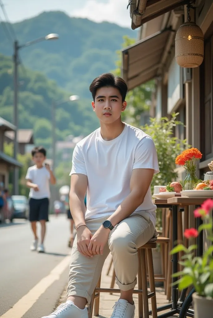 Handsome Korean man, white skin, well-groomed face. white t-shirt, knee-length cargo pants, cool black watch, white shoes, posing looking at the camera, sitting in a coffee shop on the side of a very beautiful village road. rice fields, there are ren playi...