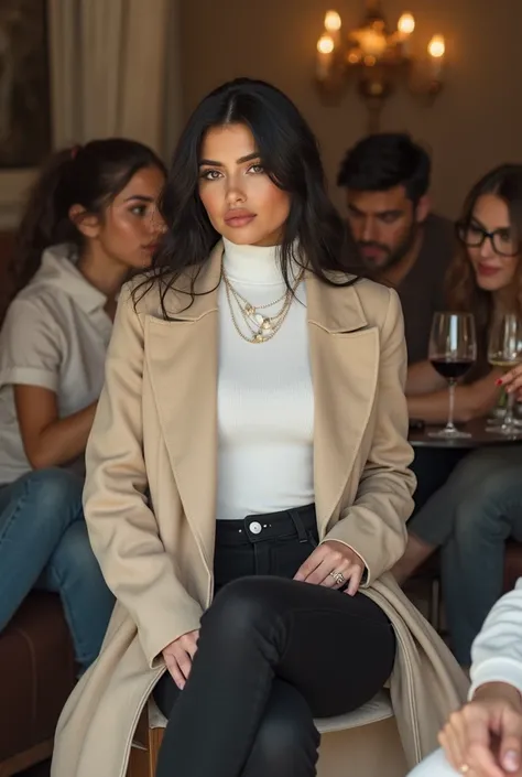 Une jeune femme qui ressemble à Kylie Jenner vêtue d'un pull col roulé blanc et un gilet long beige avec un jeans slim noir, assise sur une chaise avec ses copines en italie