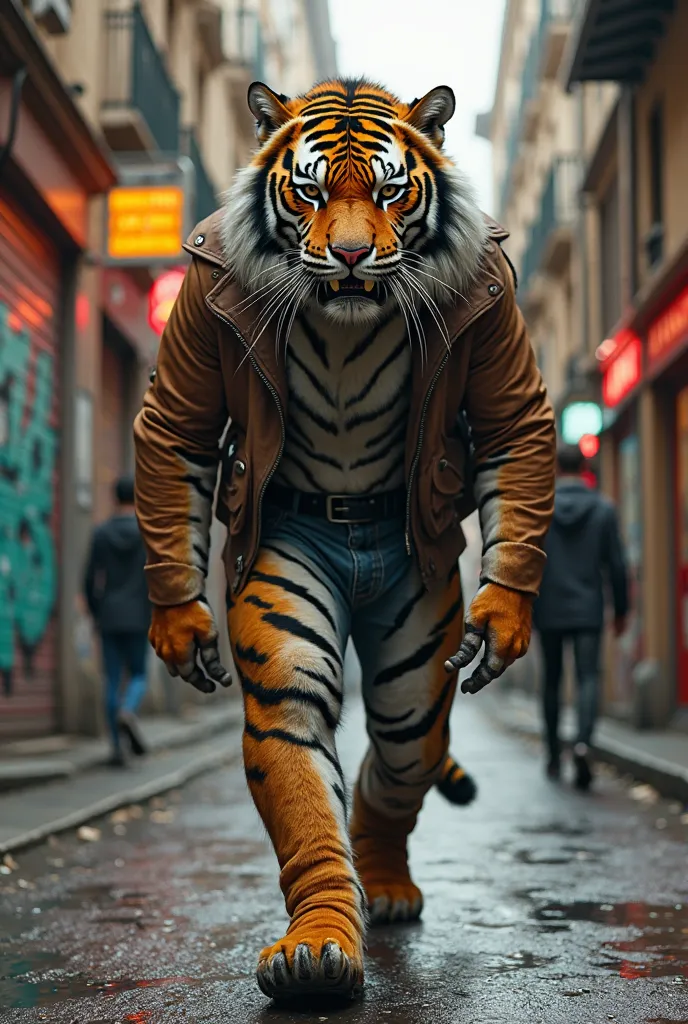 an anthropogenic tiger in gang clothes walking the streets of Europe 