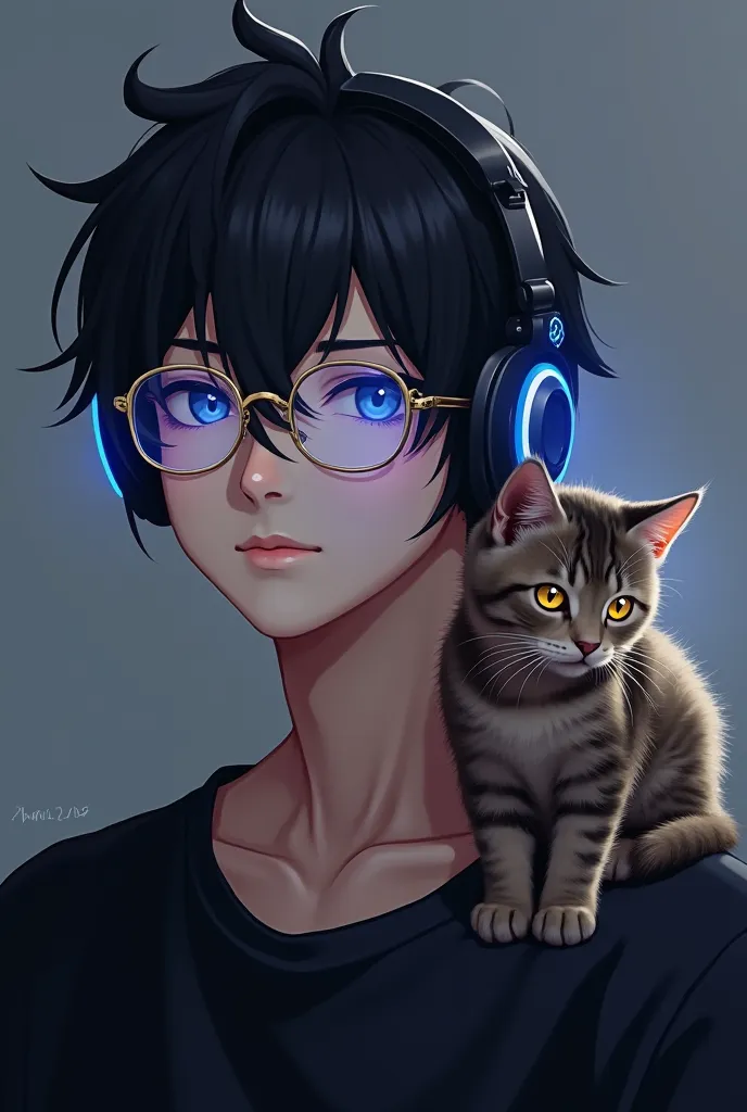 27-28 years old，male，wearing gold-framed blue-light glasses，with sports headphones，hairstyle is 37 differential broken cover，There is a kitten squatting on the right shoulder， wearing a black shirt ，, gentle and elegant，The face is angular。在male性化一点