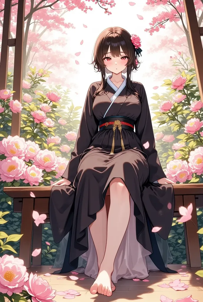  high quality,4K, rich in details,Realism,Photographic Grade,Low Angle of View,anime girl in a black kimono, short hair，barefoot,Toes,Soles,Delicate face,Quietly meditating,sitting on a flower table full of flowers,Petals falling in the air, natural light ...