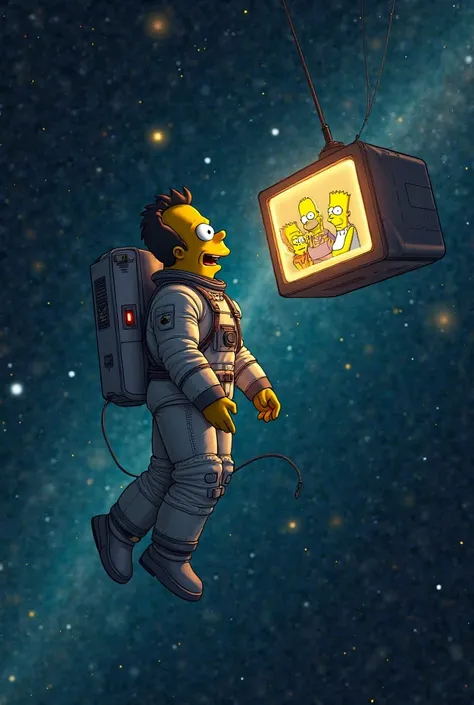 A man is flying in space and watching the simpsons