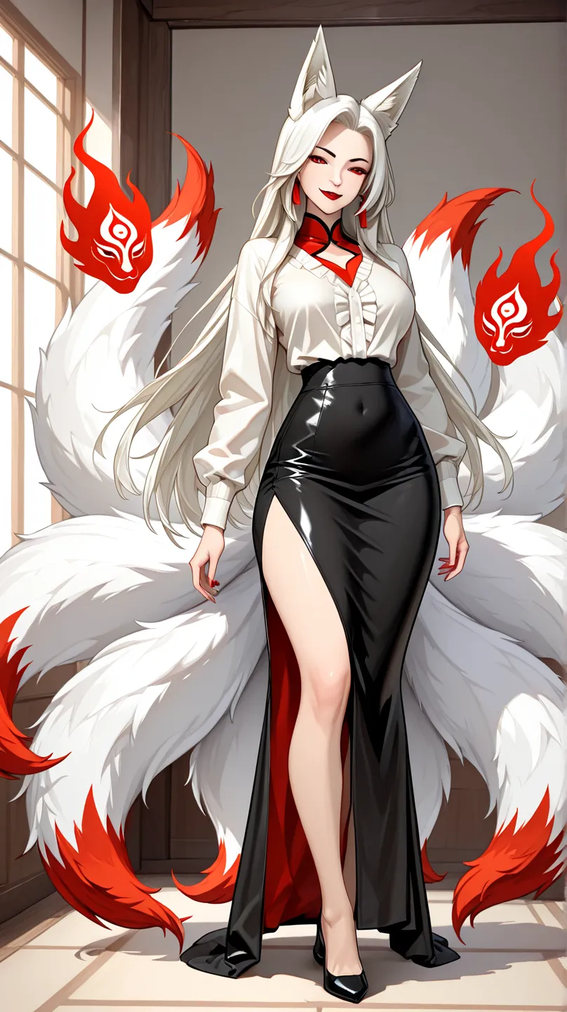 An eight-head-tall beautiful woman with nine tails, embodying a mystical fox spirit. She has fox ears and sports a mischievous smile paired with deep crimson lipstick. Dressed in a shirt and a tight skirt, her style is impeccable.