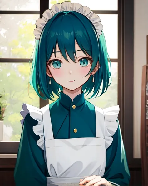  young woman（nationality： Japanese、age：1.1）、bright blue-green maid outfit（衣服のexhaustive：1.2）、（ Accessories：1.1）、white apron with ribbon、Ruffle Hem 、blue-green twin-tail hair、（髪のexhaustive：1.3）、（ pose ：1.2）、Oblique perspective、Slightly to the right、Fair ski...