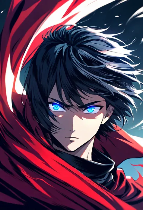 male, solo, handsome, beautiful eyes, blue eyes, red cloak, black hair, short hair, wind, hair fluttering, glowing eyes, stoic face, nice background