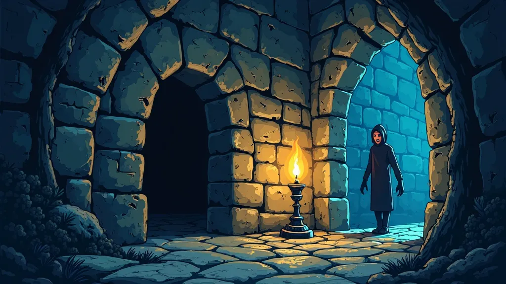 A cartoon of the Inside a creepy old castle at night, where an unseen figure casts a creepy and scary-looking candlelight shadow onto the cold stone wall.