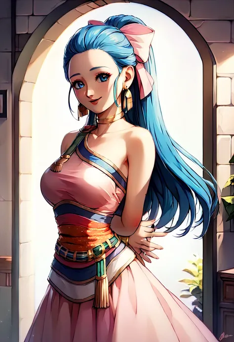 1girl,solo,cowboy shot,standing,(pastel blue hair:1.2),long hair,half updo, high ponytail, pink bow,(beautiful fingers:1.4),(perfect anatomy:1.4),(arms_behind_back:1.6),(masterpiece,best quality:1.2),(Ultra high definition eyes:1.2),8k,(Beautiful detailed ...