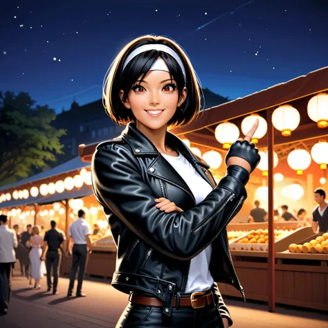 Girl sitting on steps under night sky in outdoor fair-like atmosphere, happily posing to prick her finger. Smiling, cute, shorthair, black hair, red eyes, dark skin, ((black leather jacket with rolled up arms)), open jacket, black fingerless gloves, white ...