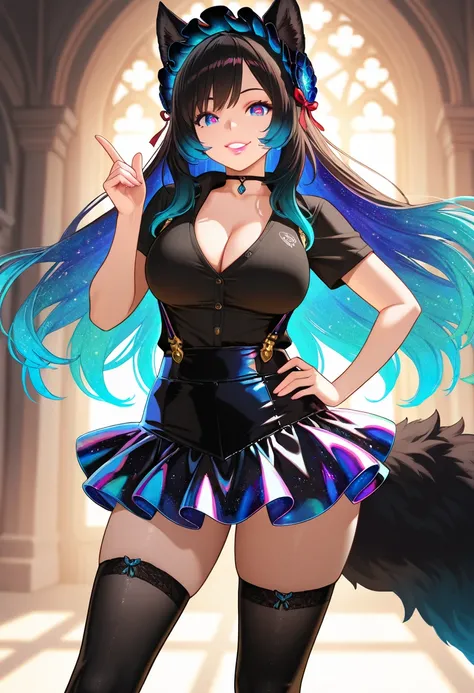 ultra detailed, absolutely resolution, masterpiece, highly detailed, sharp focus, vivid colors, soft lighting, cinematic composition, close-up of a beautiful woman, one hand on hip, one finger sign, glossy silky flowing high layered hair, smiling mischievo...