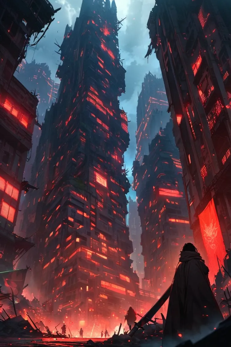 dynamic scene, a city in ruins, illuminated by a red light, with several dark swords pointed downwards, surrounding the sky of the city, long swords of symmetrical size, while, a man with dark hair, and dark brown eyes, wearing a cloth mask covering his no...