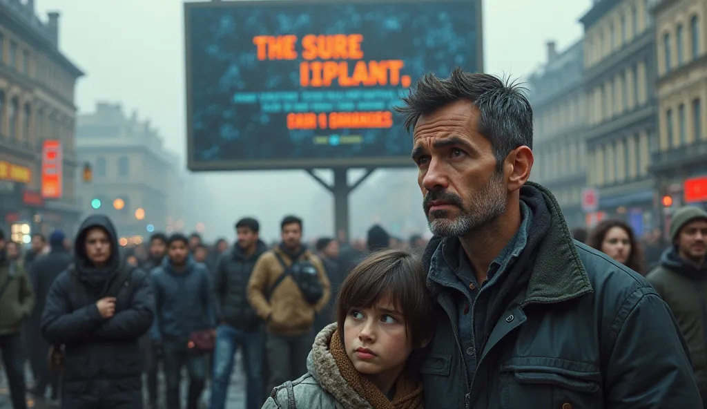 A worried-looking man holds his family as he watches people receive a digital implant. He is doubtful, looking at a giant sign that promises security and prosperity to those who accept the brand.