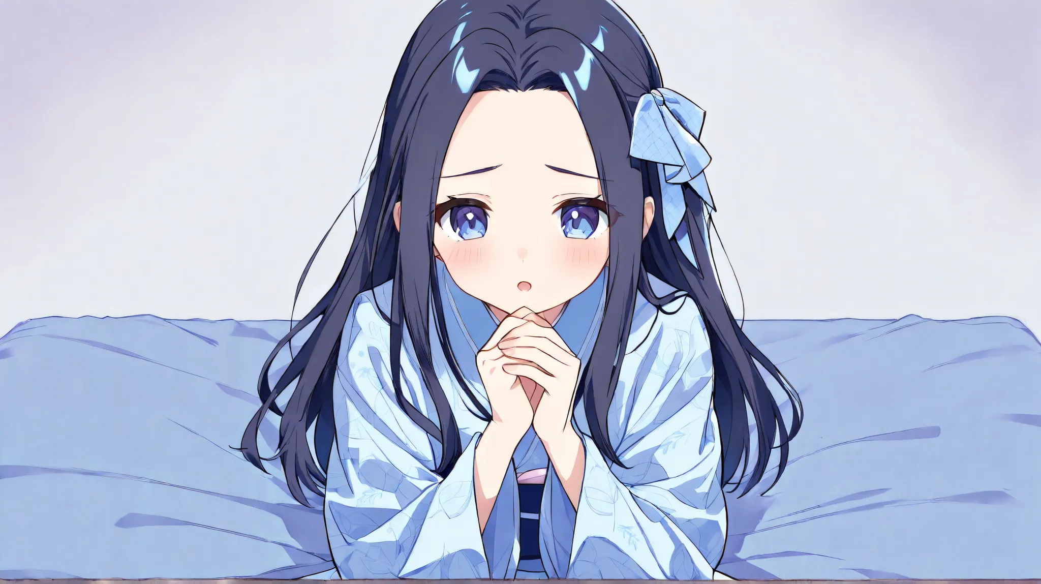  long hair, (  black hair) , bangs、Forehead , 1 girl, solo、 blue hair ribbon 、 blue kimono、on the bed just a little bit、 Costume、high quality、cute、on the bed、put hands together、Looking ahead with embarrassment