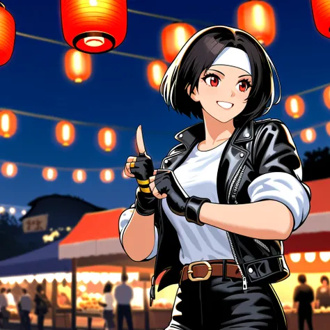 Girl sitting on steps under night sky in outdoor fair-like atmosphere, happily posing to prick her finger. Smiling, cute, shorthair, black hair, red eyes, dark skin, ((black leather jacket with rolled up arms)), open jacket, black fingerless gloves, white ...