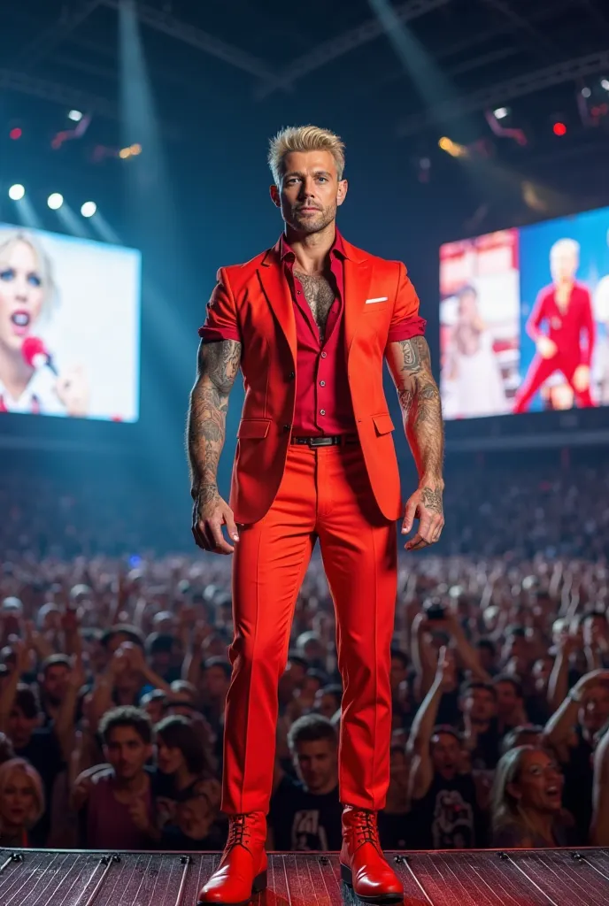 Italian man square face, big blue eyes, long eyelashes,  short blond hair red shirt, marked jaw, Greek nose, tatuajes, Muscular singer on the stage of a concert, dressed in a bright suit and tall platform boots. several visible tattoos on her legs and arms...