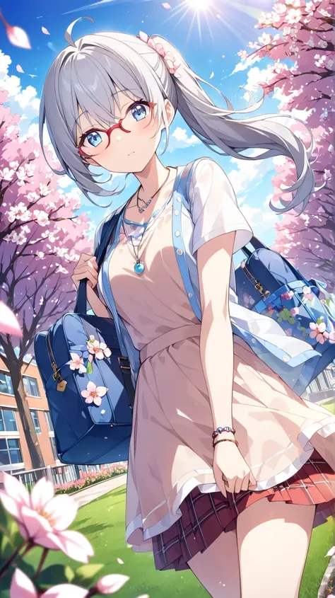 cherry blossoms、cherry blossoms吹雪、blue sky、sunlight filtering through the trees、 School Grounds 、School building、lawn、flower bed、1 girl,  blue eyes, Grey Hair, side ponytail、 red rimmed glasses、necklaces、 bag、Colorful casual clothes、How hair flutters in th...