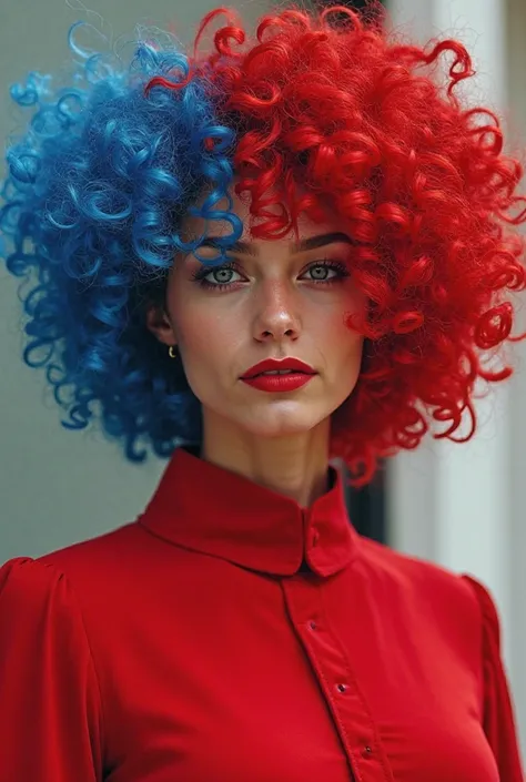 Red and blue hair with red clothes and blue with curly hair