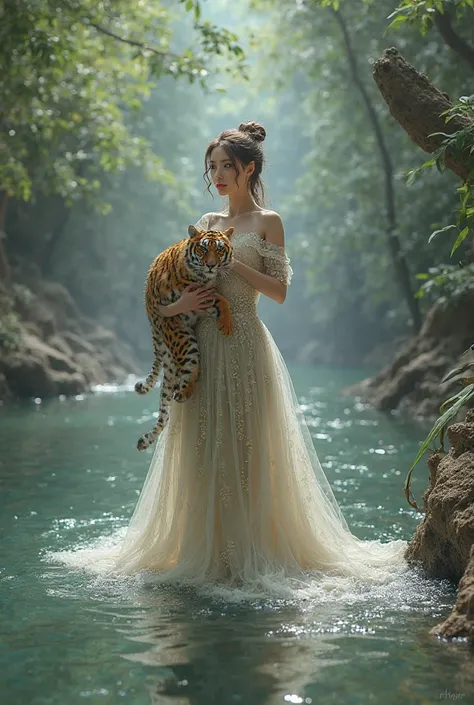 Make princess holding a kate in a river