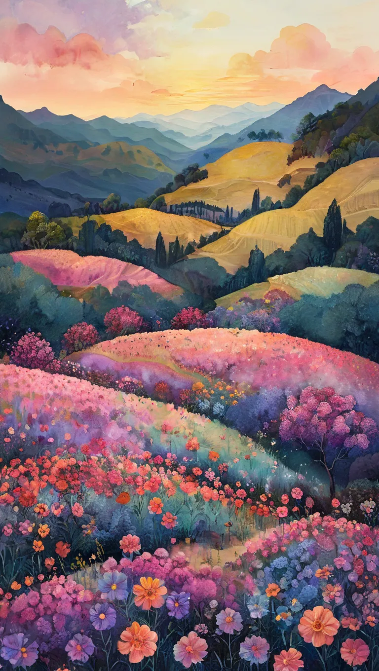 A watercolor of a flower field with the best composition, the best quality, and a vibrant sunset. A variety of trees and flowers in pink, purple, and pale blue blend seamlessly together to cover the mountainside. Beautiful night sky with Milky Way, magical...