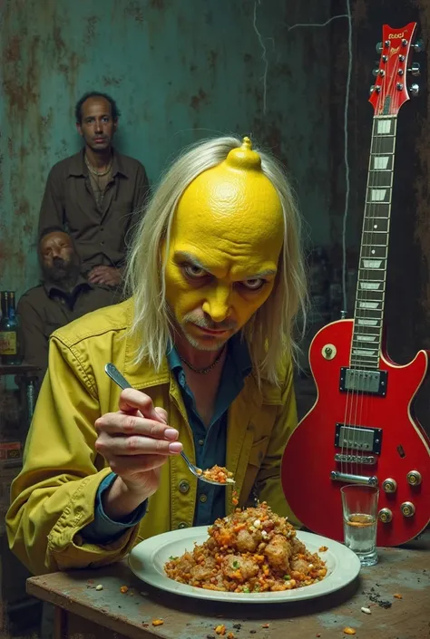 Lemon Kurt and Kurt Cobain eat savory with his spoon against the background of red guitar and alcohol addicts 