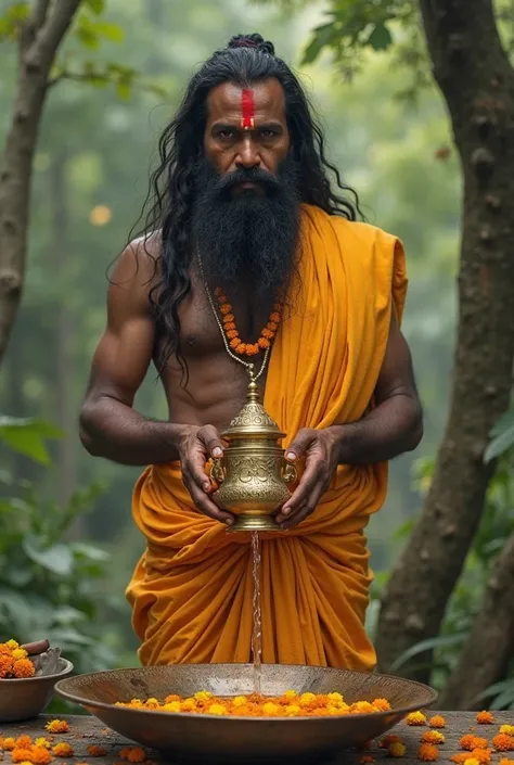 "an hindu sadhu baba performing a religious ritual, the sadhu baba is wearing yellow colour long dhoti pours water from a decorative brass pot over a shivling which is set in a bowl adorned with marigold flowers in the beautiful forest.he has a long black ...