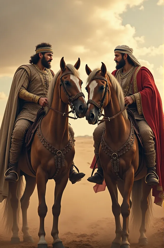 Poster of warlords named George & Khaleed, George is dressed like a Byzantine warlord while Khaleed is dressed like an Arab warlord, both of them look at each other on their war horses so that their horses' necks meet each other